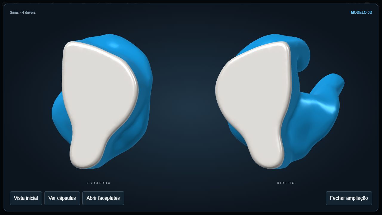 In-ears no personalizador Sound Fusion, com cápsulas azuis e faceplates brancos